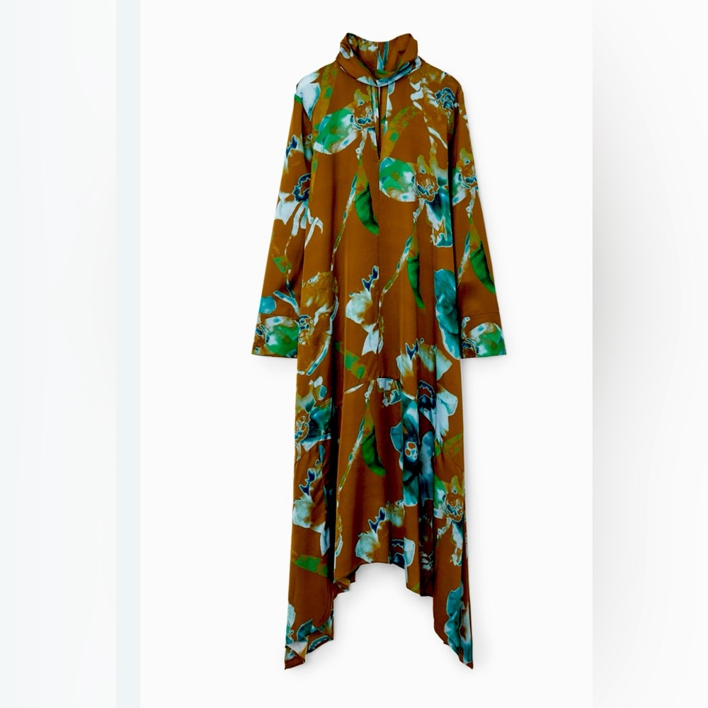 COS Asymmetric Printed Midi Dress in a brown and blue floral pattern, S12, NEW